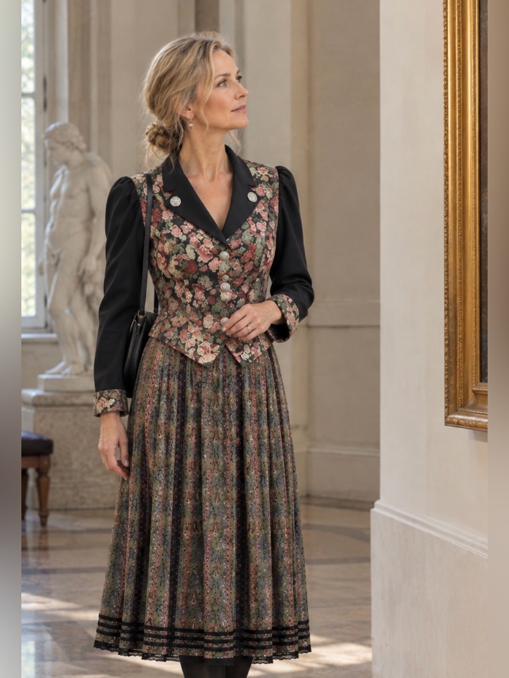 Vintage Tyrolean Suit | Tailored Jacket + Belt & Pleated Maxi Skirt | Black Pink